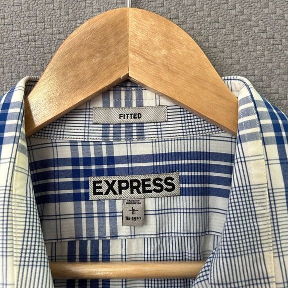 Express Large Fitted Long Sleeve Button-Front Shirt Blue White Plaid 16 - 16 1/2 - Picture 7 of 14